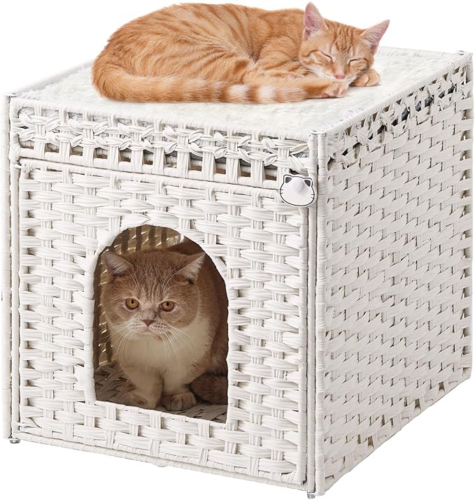 Cat Beds for Indoor Cats Extra Large Double Cat Cave Pet Cube, Handwoven Rattan Cat Houses with Double-Sided Soft Cushions, 18.5 x 20.5 x 19.1 Inches Foldable Hideaway in Living Room White-PawvioPets