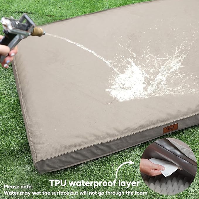 Dog Crate Bed Washable Dog Beds for Large Dogs, Big Waterproof Orthopedic Pet Bed with Egg Crate Foam Pet Bed Mat, Removable Oxford Cooling Cover, Khaki-PawvioPets