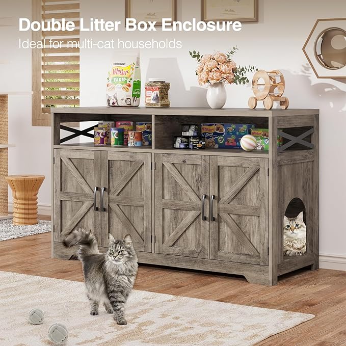 Cat Litter Box Enclosure for 2 Cats, 47" Hidden Litter Box Furniture Cat Washroom with Double Large Room, Farmhouse Indoor Litter Box Cabinet TV Stand, Grey-PawvioPets