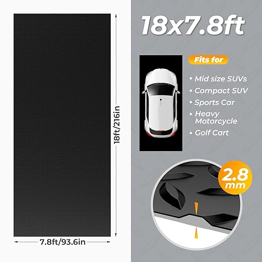 7.8 x 18 FT Garage Floor Mats for Under Car, 2.8mm Thickened Rubber Garage Flooring Roll, M Size 140.4 SQFT Garage Car Mat for Mid-Size SUVs, Sports Car, Black-PawvioPets