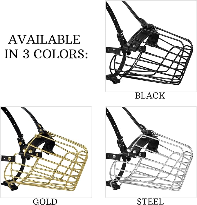 German Shepherd Dog Muzzle Metal Basket for Medium Large Dogs Adjustable Durable Leather Straps Secure Wire Mask for Biting Chewing Barking (Black, L - Size)-PawvioPets