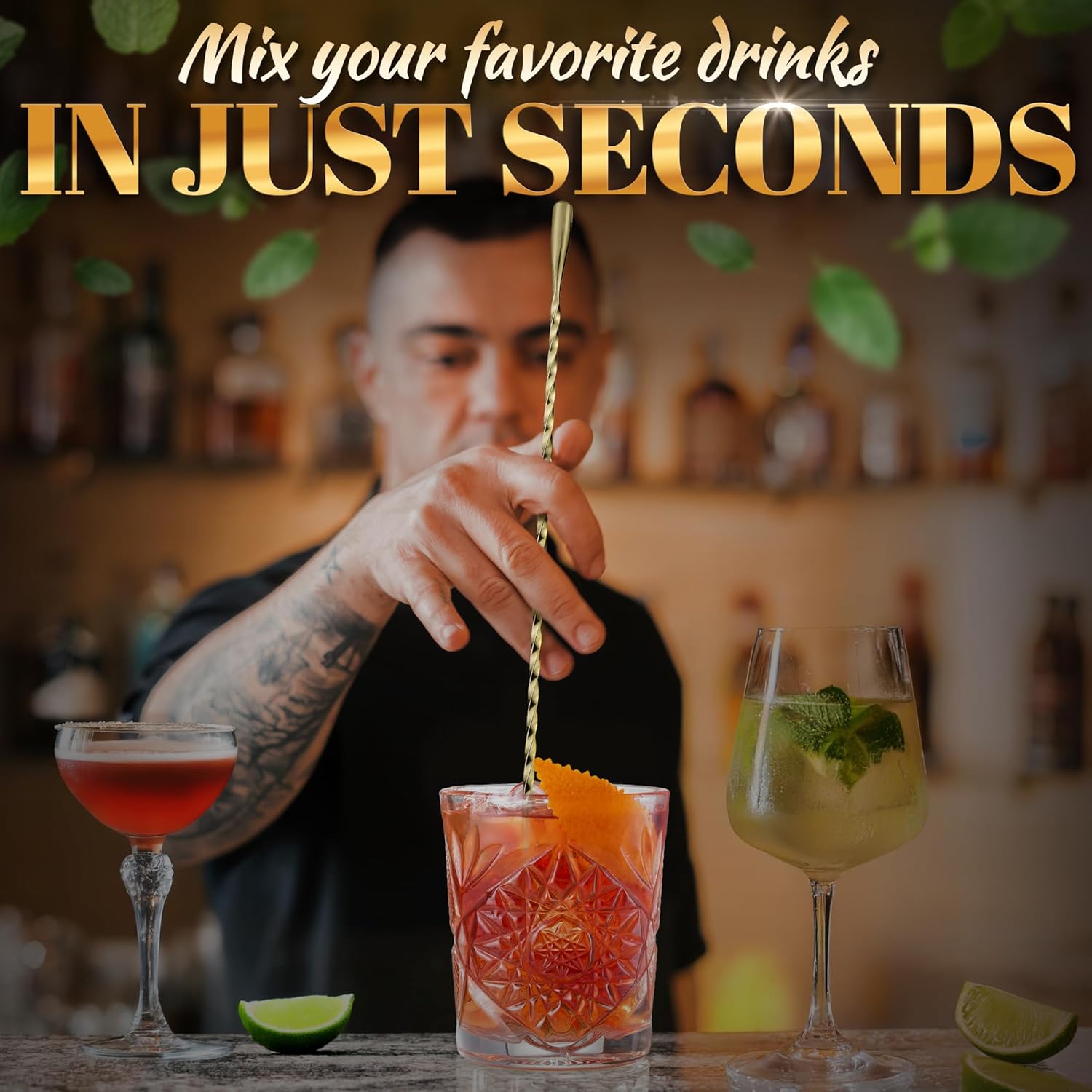 Bar Spoon Set of 4 – Gold Coffee Spoons for Pro and Home Use, Polished Stainless Steel Stirring Spoons with Twisted Spiral Handle - Cocktail Stirrers for Drinks Like Coffee, Smoothie, and Iced Tea