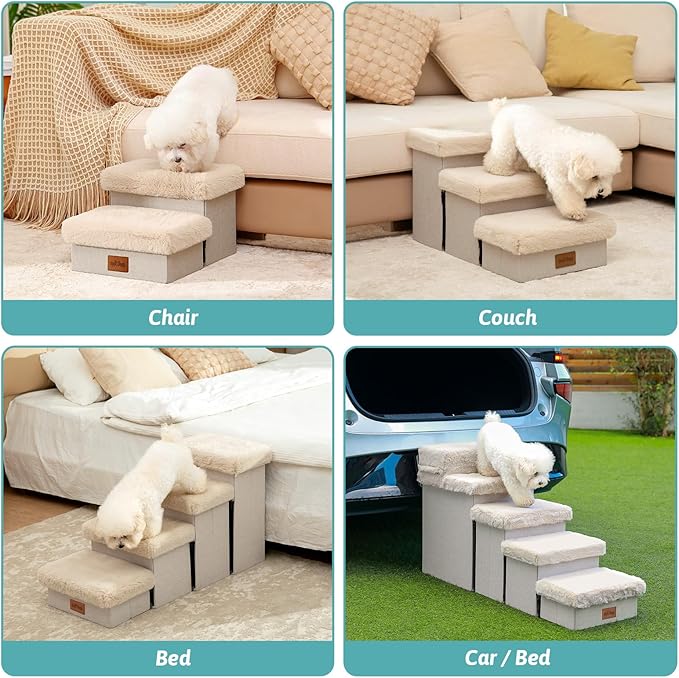 Dog Stair for Small Dogs with Storage, 21" H Foldable Pet Step with Soft Cover, Older Cat Ramp for High Bed or Car, Lightweight, Comfort, 39.7x13x21.2 inch, 5 Tiers, Beige-PawvioPets