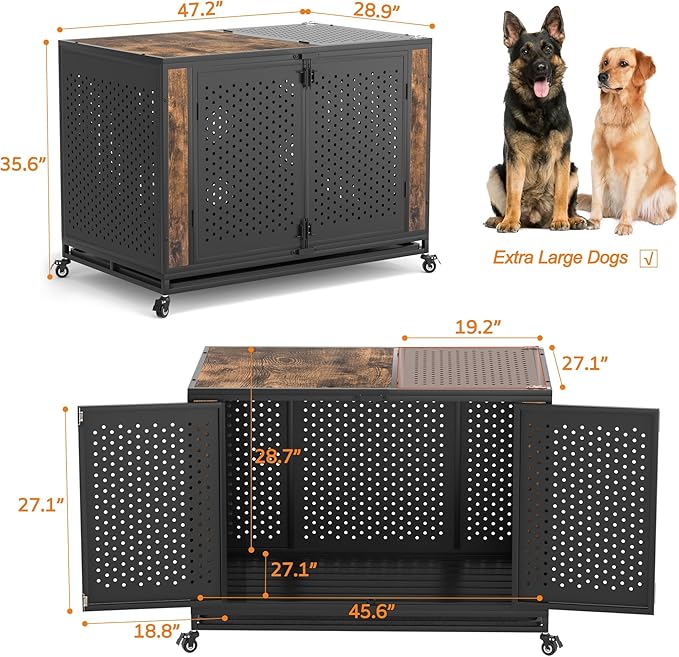 48" Heavy Duty Dog Crate Furniture for Extra Large Dogs, Enclosed Design with 0.5 inch Holes, Indestructible Metal Kennel for High Anxiety Dogs, Chew Proof Pet Cage House Indoor, Brown-PawvioPets