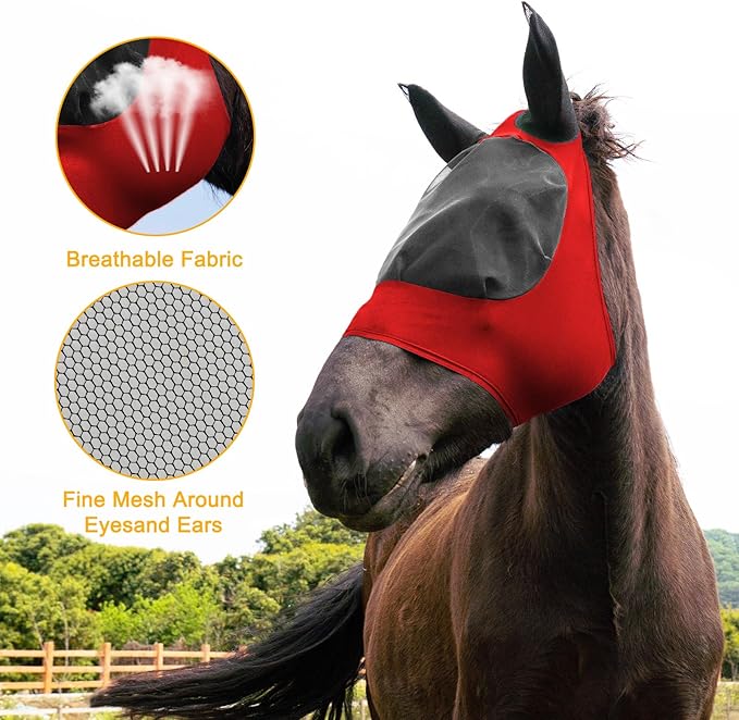 2 Piece Horse Fly Mask with Ears, Comfortable Fit Stretch Fabric Big Eye Space Soft Breathable with UV Protection for Full Horses (Red-Black)-PawvioPets