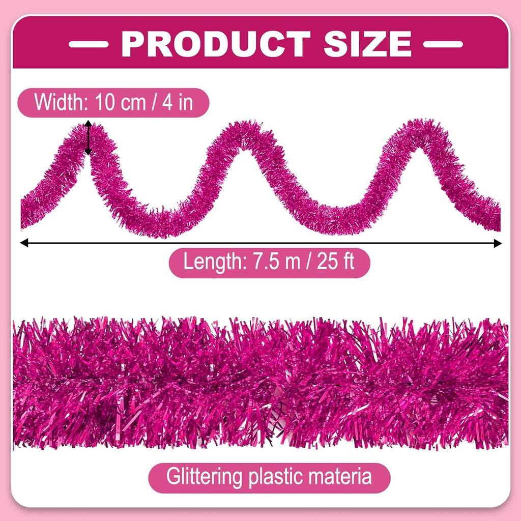 25 Feet Metallic Twist Tinsel Garland Backdrop for Parade Floats, Christmas Eve, New Year, Valentine's Day Party Decorations (Fuchsia, 4in x 25ft)