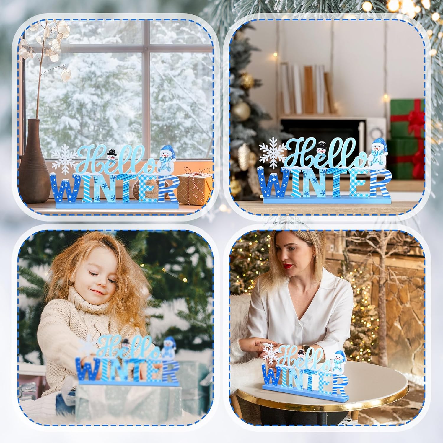 Winter Metal Sign Hello Winter Table Decor Christmas Tiered Tray Decor with Wooden Base Metal Blue and White Snowman Snowflake for Xmas Home Tabletop Centerpiece Mantel Shelf Fireplace