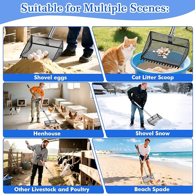 12 Inch Chicken Poop Scooper & Rake 2-in-1, Large Metal Shovel Head, Rubber Handle Stainless Steel Chicken Litter Scoop for Chicken Coops, Litter Screening Scoop (35 to 65in) US Patent Pending (Black)-PawvioPets