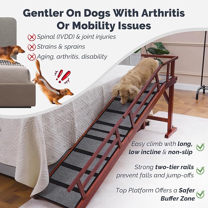 Dog Ramp for Bed or Couch, Wooden Pet Ramp with 20° Gentle Slope, Removable Side Rails, Non-Slip Surface, Top Platform & Wheels, Safe Bed Ramp for Small, Medium & Senior Dogs, 74" Long, Mahogany-PawvioPets