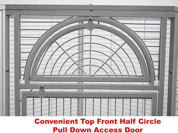 64" Extra Large Corner Bird Flight Breeding Wrought Iron Rolling Parrot Cage Side Solid Metal Plate Feed Doors Pull Out Removable Grate and Tray with Around Metal Seed Guard-PawvioPets