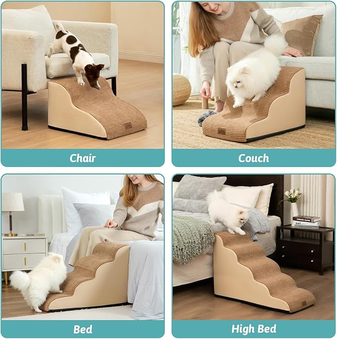 Dog Stairs for Small Dogs 15.7" H, Curved Dog Step for Puppy, Older Cat, Medium Pet Ramp for Sofa, Couch or Chair, Ladder with High Density Foam, 15.7x22.4x15.7 inch, 3 Step, Light Brown-PawvioPets