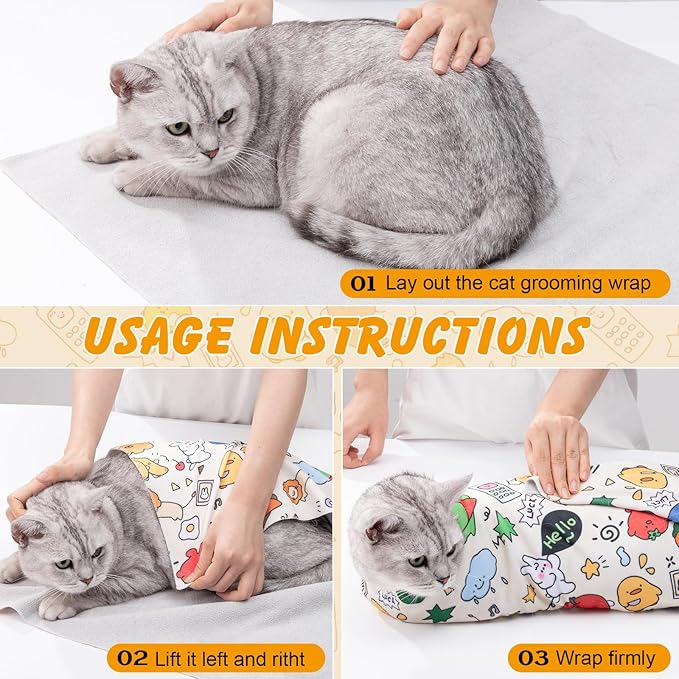 27.6" Cat Wrap for Cutting Nails, Self-Adhesive Cat Grooming Wrap Anti-Escape Cat Restraint for Nail Clipping Cat Swaddle Wrap Cat Wrapping Cloth for Pet Cleaning and Beauty (Within 15lbs)-PawvioPets