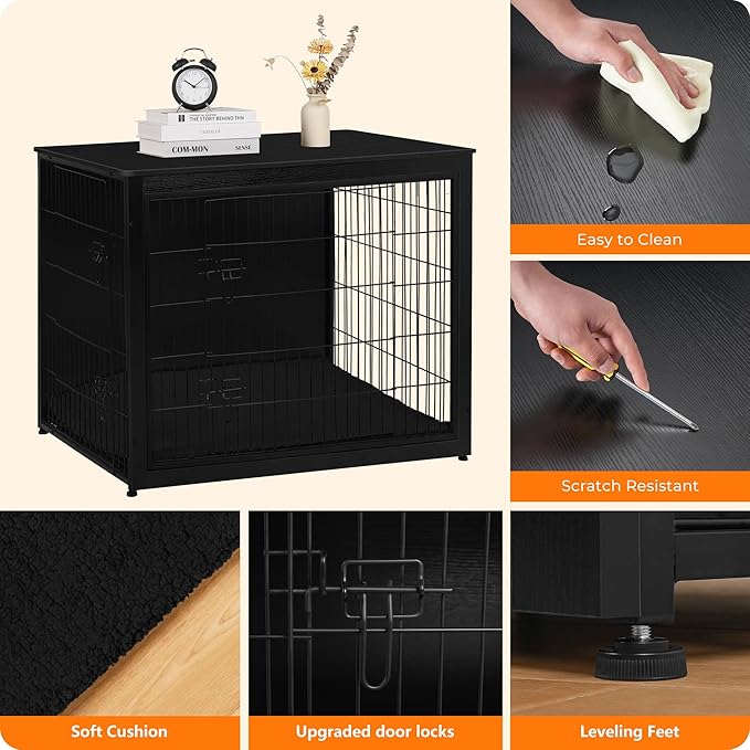 DWANTON Dog Crate Furniture with Cushion, Wooden Kennel Table with Double Doors, Indoor Dog House, Extra Large Size, 43.3" L, Black-PawvioPets