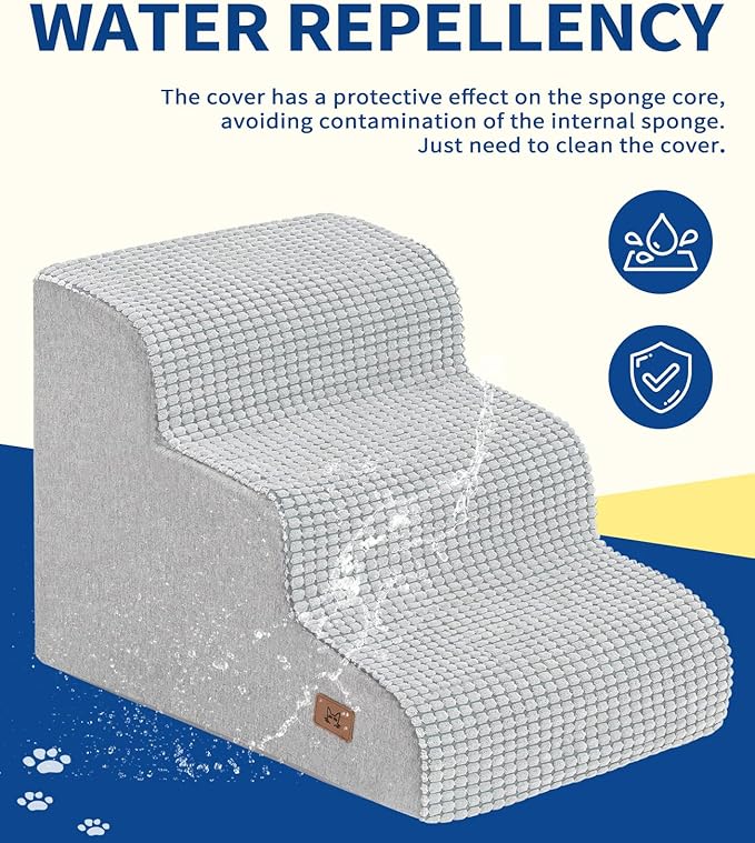 Dog Step for Bed, Dog Stair 3-Step 35D Pet Stair 15.7" H for High Bed or Sofa Non-Slip Balanced Pet Step Indoor, Light Grey-PawvioPets