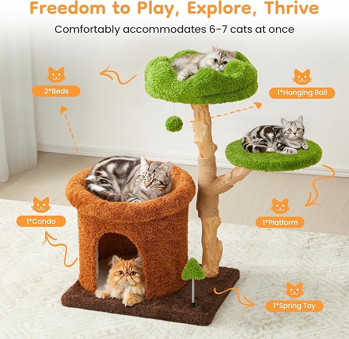 32-Inch Multi-Level Cat Tree Tower, Natural Wooden Cat Furniture with Sisal Scratching Posts, Beds & Condo, Cute Cat Tree for Indoor Cats, Multi-Cat Householdsolds-PawvioPets
