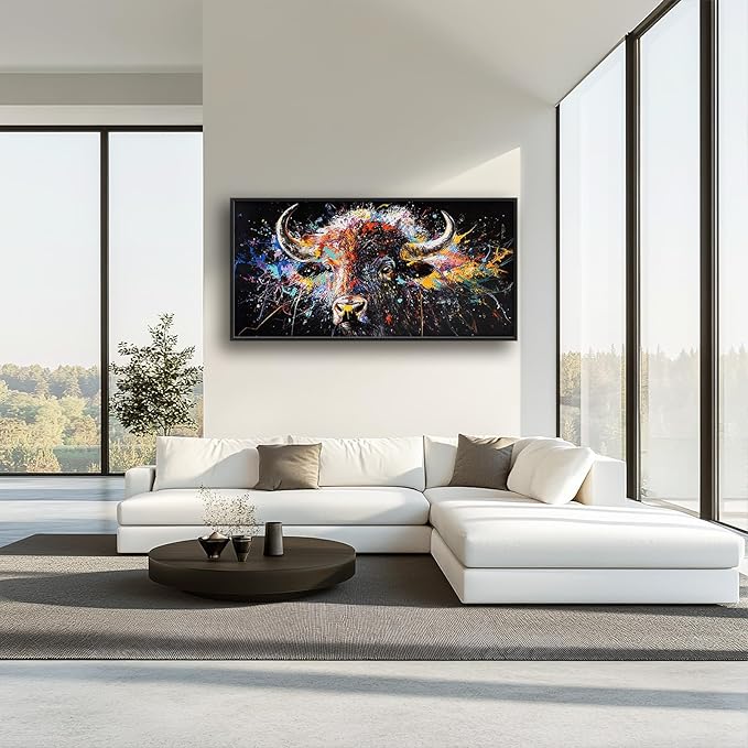 Framed Large Bison Buffalo Wall Art for Living Room, Oversized Graffiti Yak Cow Wall Decor Banksy Bull Canvas Painting Animal Pictures Modern Artwork for Living Room Bedroom Office 60"x30"-PawvioPets