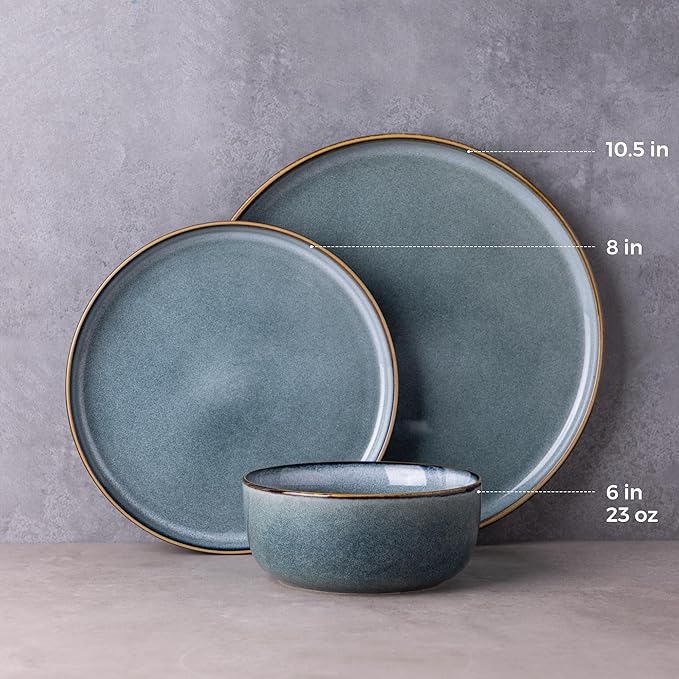 GBHOME Ceramic Dinnerware Sets for 6, 18 Pieces Stoneware Plates and Bowls Sets, Scratch Resistant Dishes, Dishwasher & Microwave Safe, Space Blue-PawvioPets