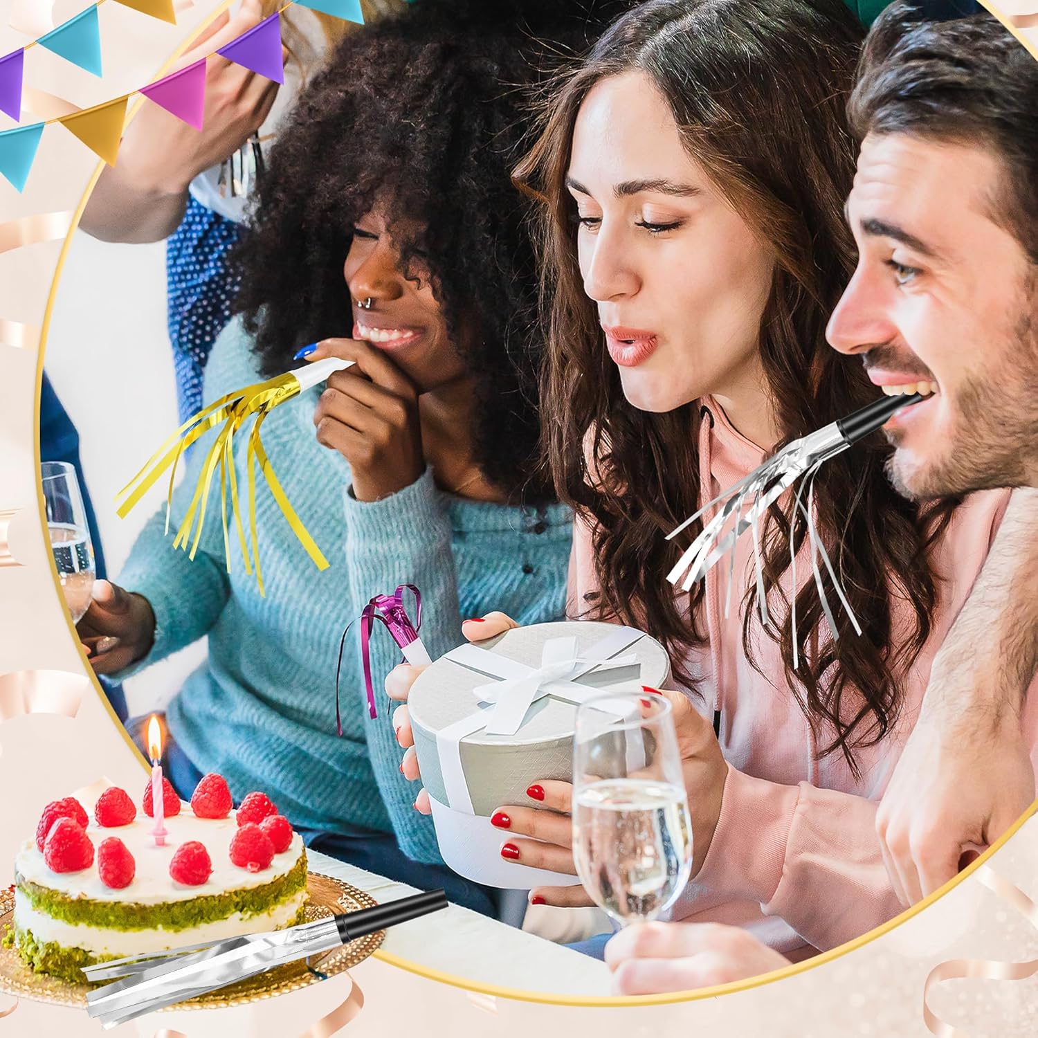 12 Pcs Glitter Noise Makers Metallic Fringed Party Blower for Adults Birthday Graduation New Years Party Favors Supplies (Silver)