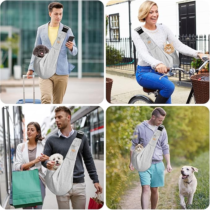 CUBY Dog and Cat Sling Carrier, Hands Free Reversible Pet Papoose Bag, Soft Pouch Adjustable, Suitable for Puppy Cats for Outdoor Travel (Grey, M-Adjustable Strap)-PawvioPets