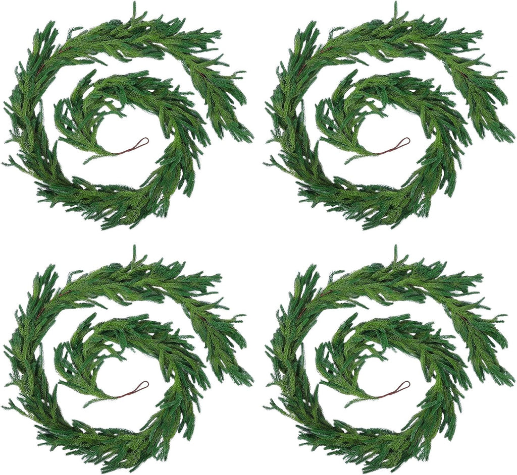 Hananona 4 Pcs 6 Ft Artificial Norfolk Pine Garlands, Realistic Pine Garland, Green Artificial Greenery Garland for Table, Mantle, Wall, Indoor, Outdoor Winter Christmas Decorations (4, 6 FT)