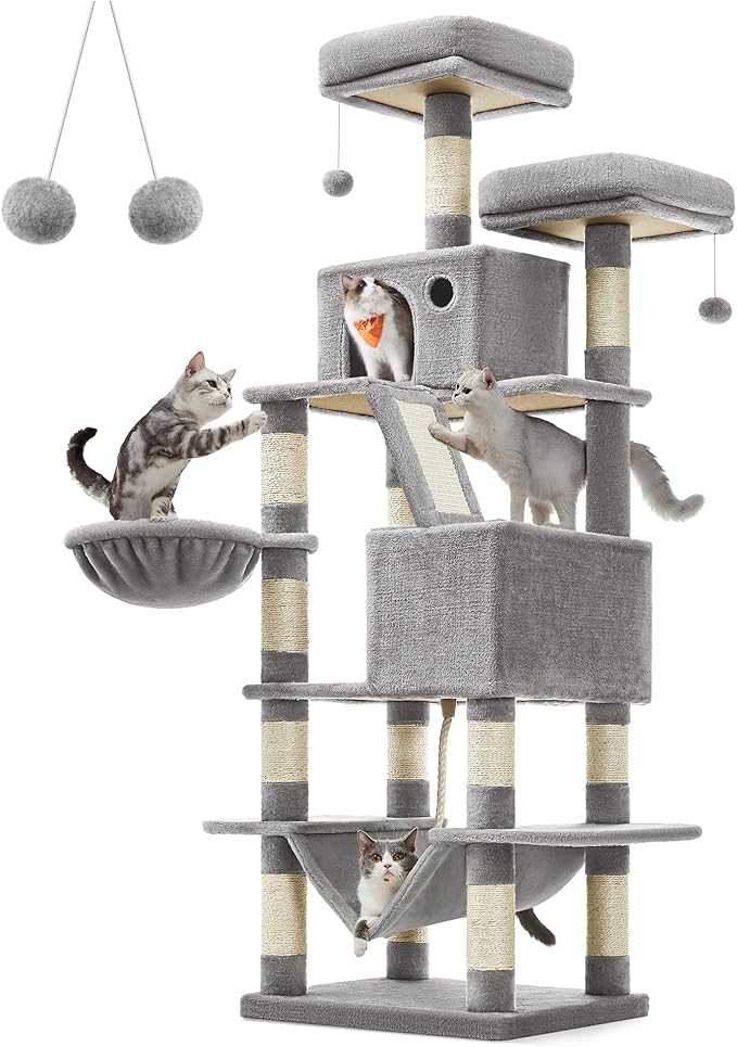 Feandrea Cat Tree, 66.1-Inch Large Cat Tower with 13 Scratching Posts, 2 Perches, 2 Caves, Basket, Hammock, Pompoms, Multi-Level Plush Cat Condo for Indoor Cats, Light Gray UPCT165W01-PawvioPets
