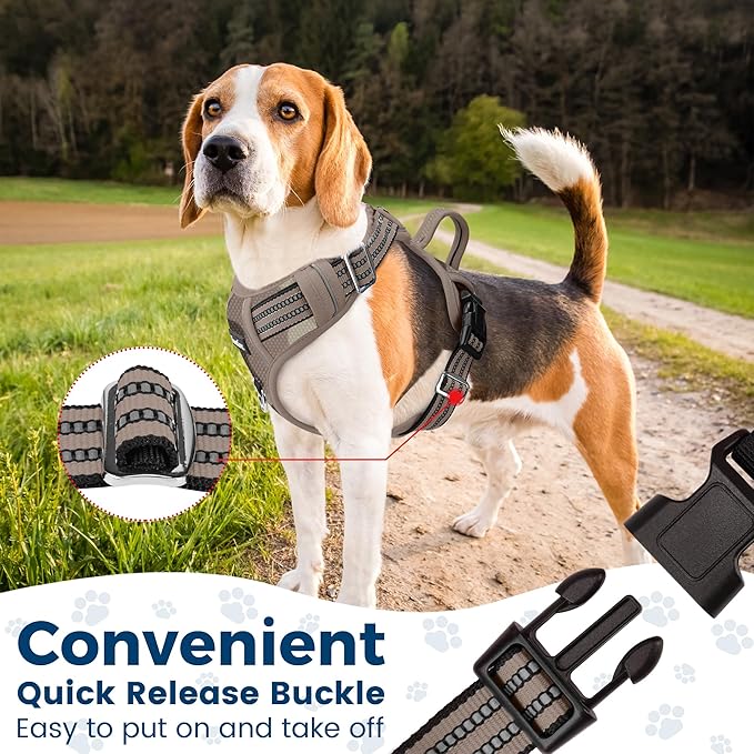 Funfox Dog Harness No Pull, Adjustable Pet Vest Harness, Super Soft Material with Vertical Handle Easy Control, Reflective Night Walking, 2 Leash Clips for Medium Sized Dogs, Camo Brown, M-PawvioPets