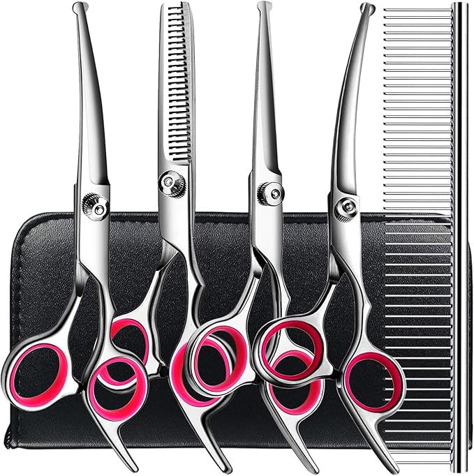 6 in1 Professional Dog Grooming Scissors Kit, Dog Shears for Grooming with Safety Round Tips, Titanium Coated Grooming Scissors for Dogs Cat Pet At Home-PawvioPets
