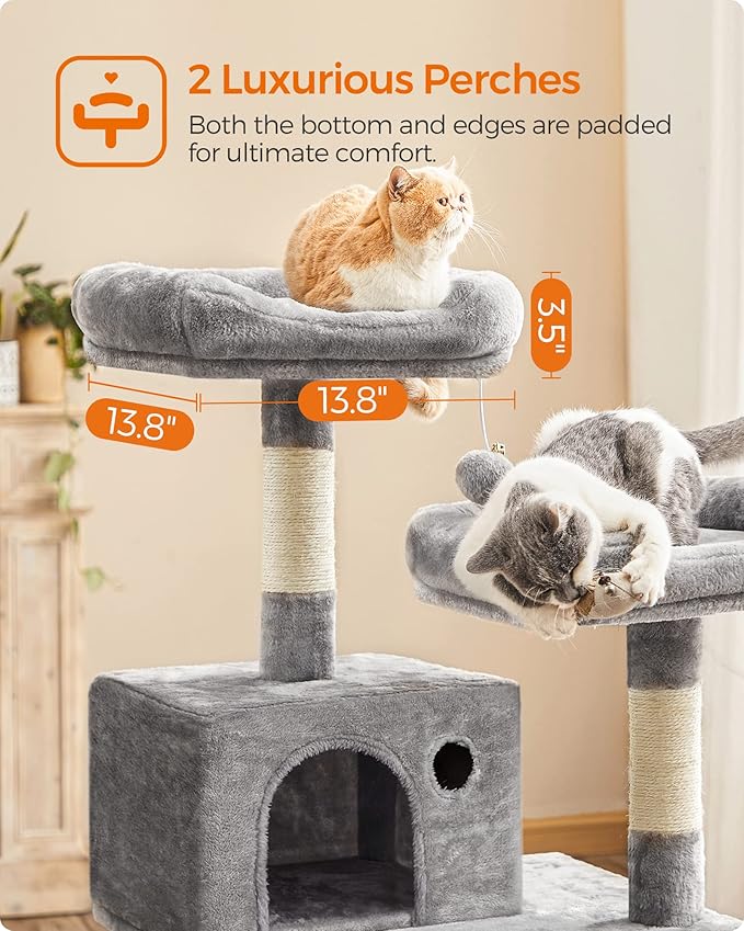 FEANDREA Cat Tree, Cat Tower for Indoor Cats, 56.3-Inch Cat Condo with Scratching Posts, Hammock, Plush Perch, Light Gray UPCT15W-PawvioPets