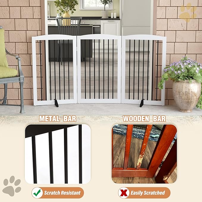 Freestanding Pet Gate for Dogs, Foldable Wooden Dog Gate for House Indoor, Tall Pet Fence for Stair, Doorway,Hall, Support Feet Included, 3 Panels 32",White-PawvioPets