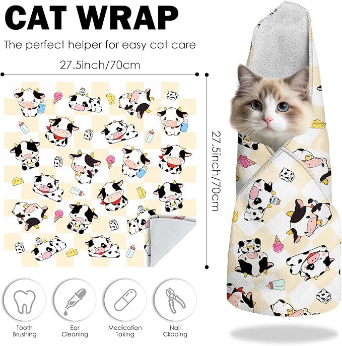 27.6" Cat Grooming Wrap, Self Adhesive Cat Wrap for Cutting Nails, Anti-Escape Calming Cat Swaddle Wrap for Medicine Ear Cleaning, Cartoon Cow Anti-Scratch Cats Burrito Restraint Blanket, Pet Tool-PawvioPets