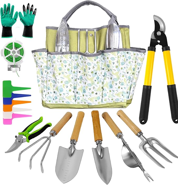 41-Piece Premium Gardening Tool Set, Stainless Steel Heavy Duty Gardening Tool Kit, with Non-Slip Rubber Grip, Storage Tote Bag, Outdoor Hand Tools, Ideal Gardening Gifts for All (Green)-PawvioPets
