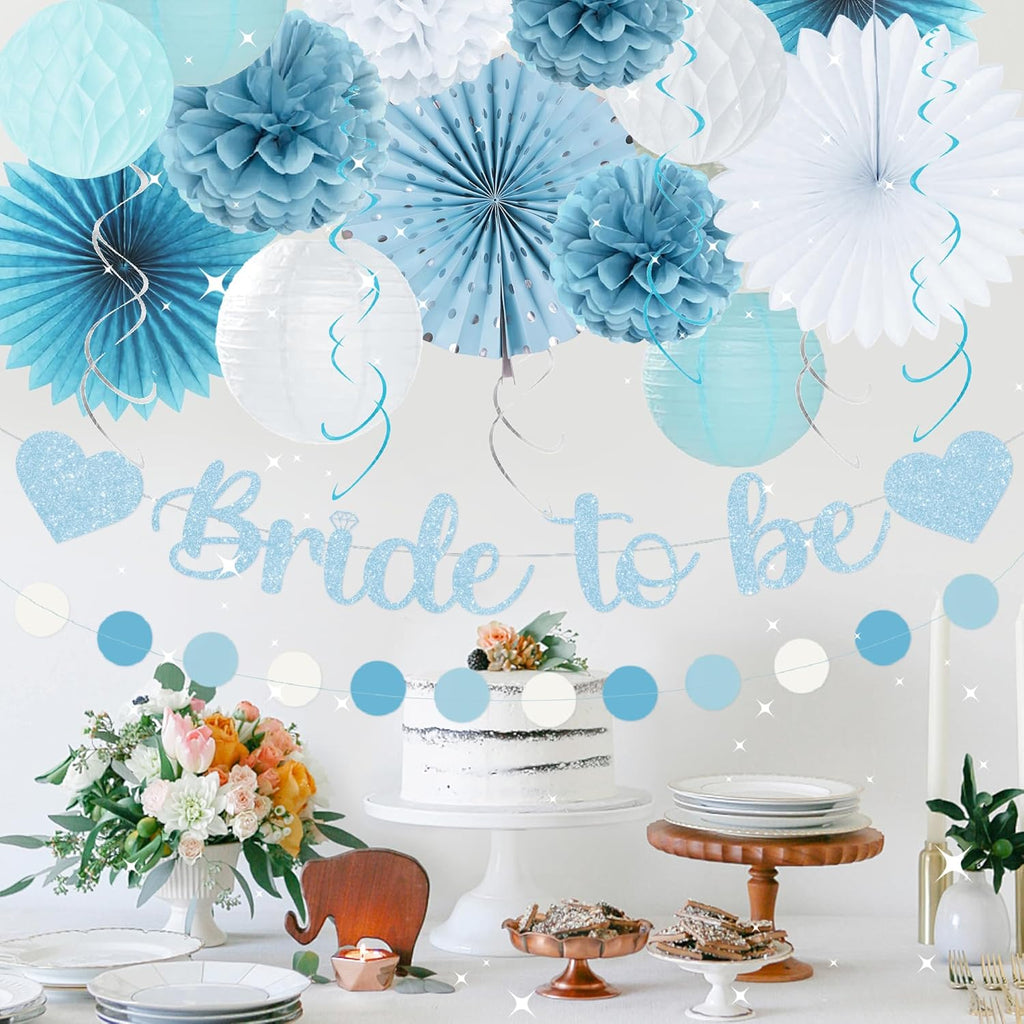 Holkcog Blue White Bachelorette Party Decorations, 21pcs Women Bridal Shower Decor Garland Paper Streamers Lantern Swirls for Girls Boys,Wedding Decoration, Blue Bride To Be Gilrs Wedding Party Supply