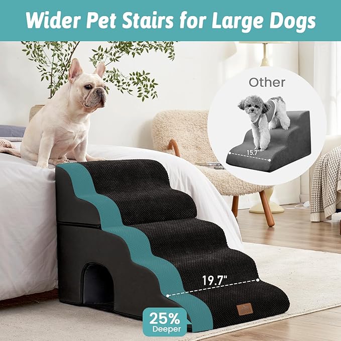 Extra Wide Dog Stairs with Tunnel, Detachable Large Pet Step for Small Medium Dog, Puppy or Cat, Ramp for High Bed, Couch, Sofa or Car, Stable, 19.7x33x22.4 inch, 5 Step, Black-PawvioPets