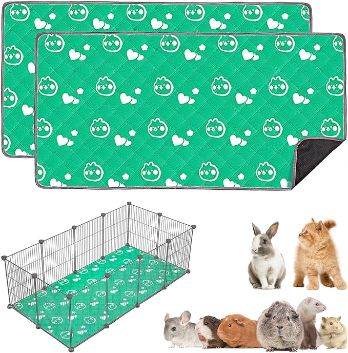 2 Pack Guinea Pig Bedding - Washable Guinea Pig Liners for C&C 2x4 Cage, Waterproof Reusable & Anti Slip Pee Pads Super Absorbent Mats for Small Animal Rabbit Hamster Rat (Green, 57 x 28 Inch)-PawvioPets
