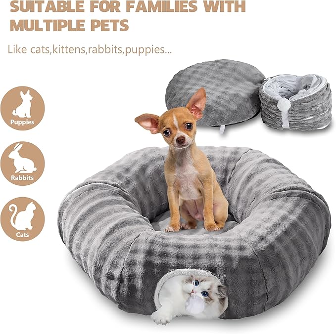 Bubble Cat Tunnel for Indoor Cats, Round Peekaboo Cave Toy with Dangling Balls, Donut Tunnel Bed with Circle Mat for Puppy Kitten Rabbit, Grey-PawvioPets