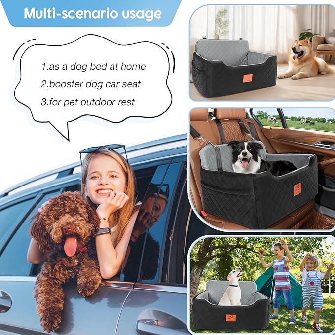Dog Car Seat for Medium/Large Dogs,Dog Booster Seat for Dog Under 50lbs or 2 Small Dogs, Detachable and Washable Pet Car Seat,Multi-Functional Travel Dog Bed & Dog Sofa(Black/Grey)-PawvioPets