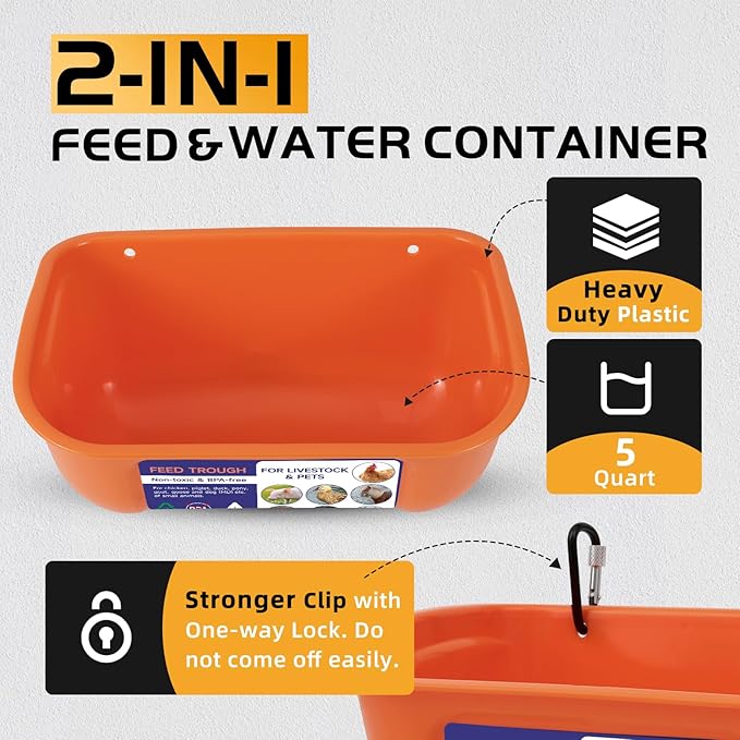 Goovilla Chicken Feeder Waterer, Hanging or Screw-in Fence Feeder with Clips, 2 Pack 5 Quart Goat Feeder Supplies, Duck Piglet Sheeple Coop Dog Livestock Poultry Plastic Feeder Trough Bucket, Orange-PawvioPets
