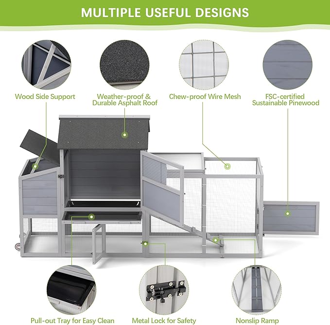 COZIWOW 82" Large Wooden Chicken Coop, Outdoor Rabbit Hutch with Wheels, Sunshine Board, Asphalt Roof, Ramp, Openable Top, Door, Window, Pull-Out Tray, Indoor Bunny Cage (Gray with Pattern)-PawvioPets