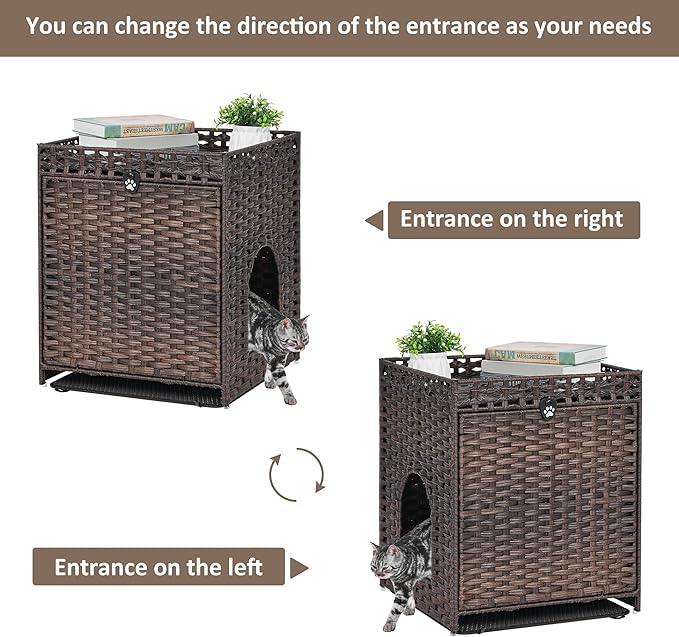 Cat Litter Box Enclosure with Soft Litter Mat; Hidden Cat Washroom Furniture with Door; Handwoven Rattan Cat House; Pet Crate for Living Room, Bedroom, Balcony (Brown)-PawvioPets