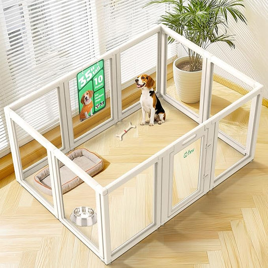 FXW AuraSpace Acrylic Indoor Unleashed Dog Playpen for Medium Dogs, 35 Inch, 10 Panels, White-PawvioPets