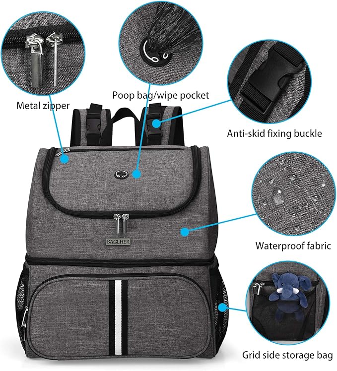 BAGLHER Pet Travel Bag, Double-Layer Pet Supplies Backpack (for All Pet Travel Supplies), Pet Travel Backpack with 2 Silicone Collapsible Bowls and 2 Food Baskets Grey-PawvioPets
