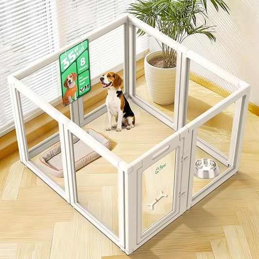 FXW AuraSpace Acrylic Indoor Unleashed Dog Playpen for Medium Dogs, 35 Inch, 8 Panels, White-PawvioPets