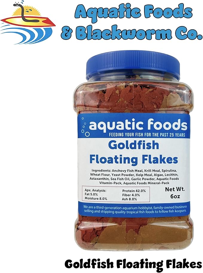 Aquatic Foods Inc. Premium Goldfish Flakes, 42% Protein Color Enhancing and Spirulina Flakes for Aquarium, Koi and All Pond Fish Also Pellet Mix, Wafer Mix Included…6oz Jar-PawvioPets