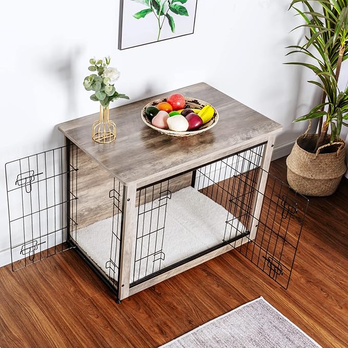 DWANTON Dog Crate Furniture with Cushion, Wooden Kennel Table with Double Doors, Indoor Dog House, Medium Size, 32.5" L, Greige-PawvioPets