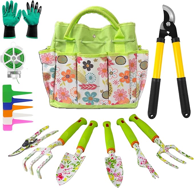 41-Piece Premium Gardening Tool Set, Stainless Steel Heavy Duty Gardening Tool Kit, with Non-Slip Rubber Grip, Storage Tote Bag, Outdoor Hand Tools, Ideal Gardening Gifts for All (Pink Floral)-PawvioPets