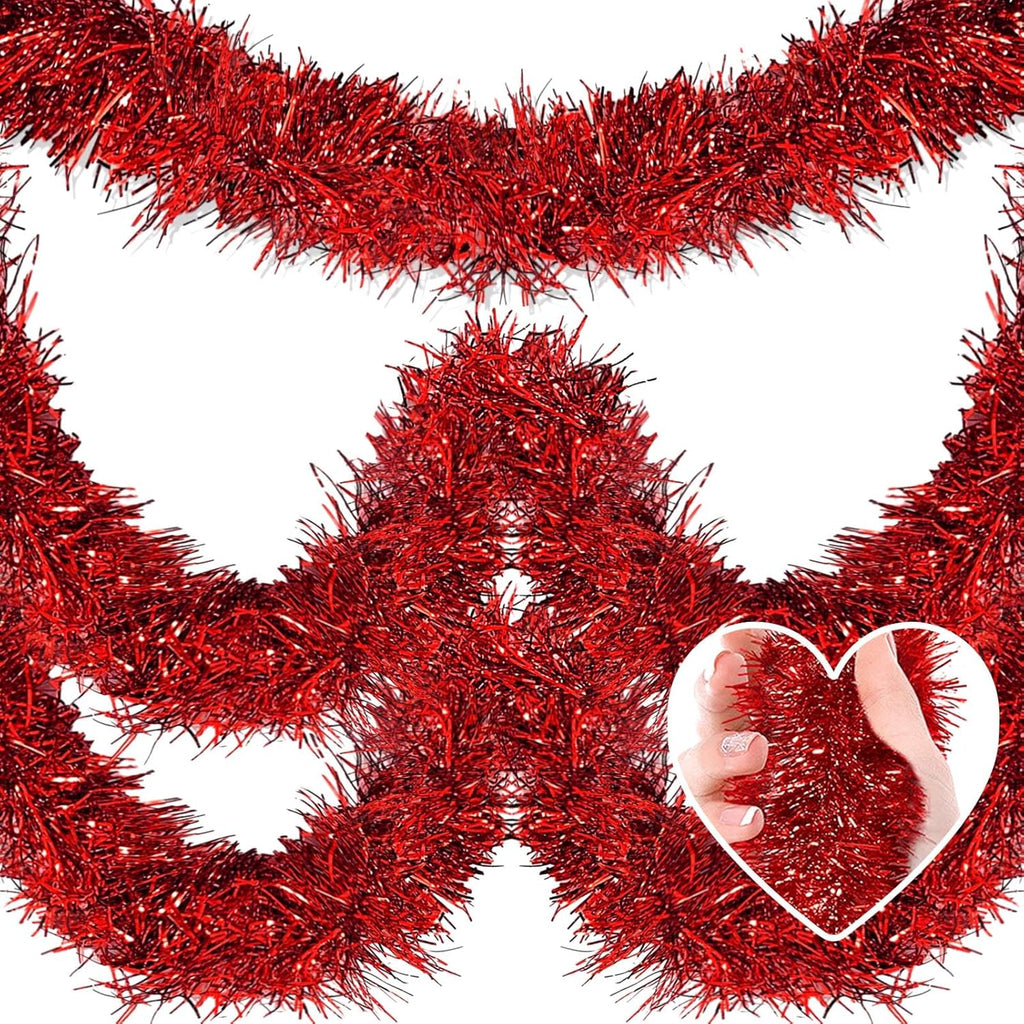 25 Feet Metallic Twist Tinsel Garland - Wall Hanging Backdrop for Parade Floats, Christmas Eve, New Year, Valentine's Day Parties (Red, 4in x 25ft)
