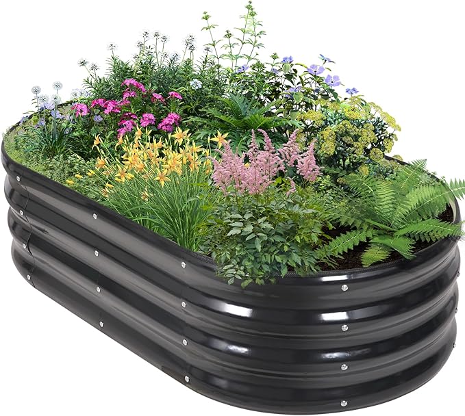 Galvanized Raised Garden Bed Outdoor - 4×2×1ft Planter Raised Beds for Gardening | Oval Metal Garden Planter Box with Safety Edging and Gloves for Vegetables Fruits and Flowers - Grey-PawvioPets