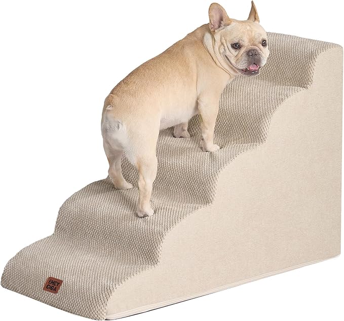 EHEYCIGA Curved Dog Stairs Ramp for High Beds 22.6" H, 5-Step Dog Steps for Small Dogs and Cats, Pet Stairs for High Bed Climbing, Non-Slip Balanced Pet Step Indoor, Beige-PawvioPets