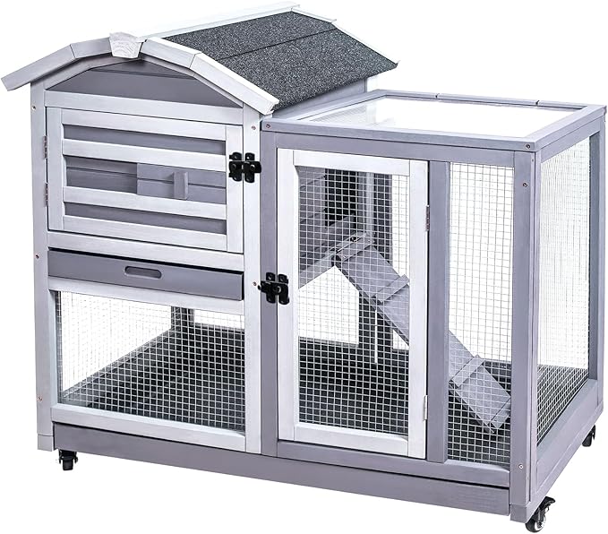 GEGURI Rabbit Hutch Indoor Rabbit Cage Outdoor, Wooden Bunny Cages for Guinea Pig with Wheels, Removable Tray, Ramp-PawvioPets