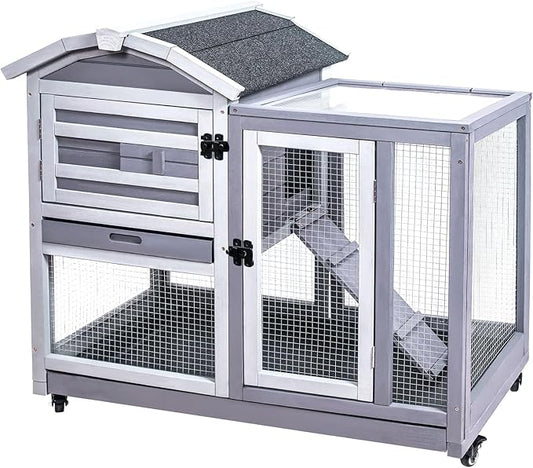 GEGURI Rabbit Hutch Indoor Rabbit Cage Outdoor, Wooden Bunny Cages for Guinea Pig with Wheels, Removable Tray, Ramp-PawvioPets